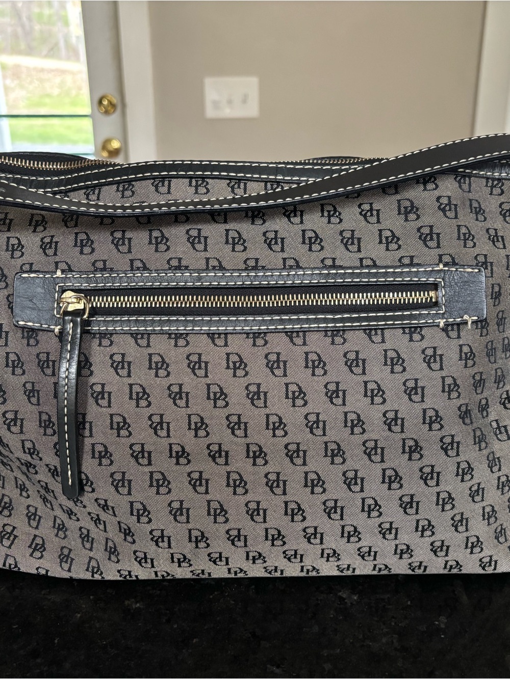 Dooney & Bourke Gray and Black Monogram Tote with Gold Zipper